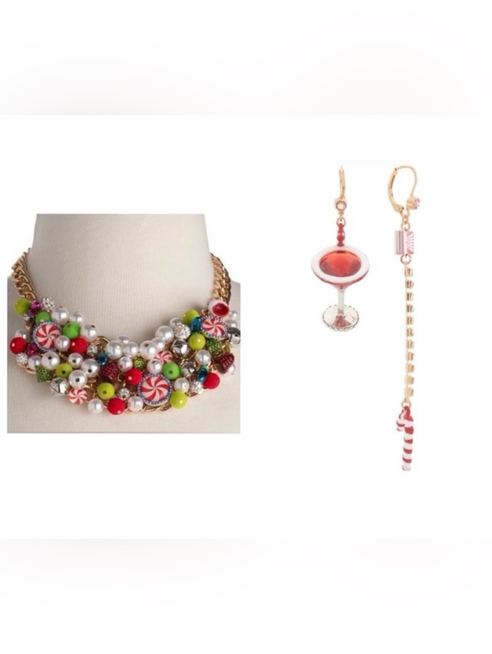 BETSEY JOHNSON SET Christmas Candy Faux Pearl Charm Necklace & Earrings NEW NWT